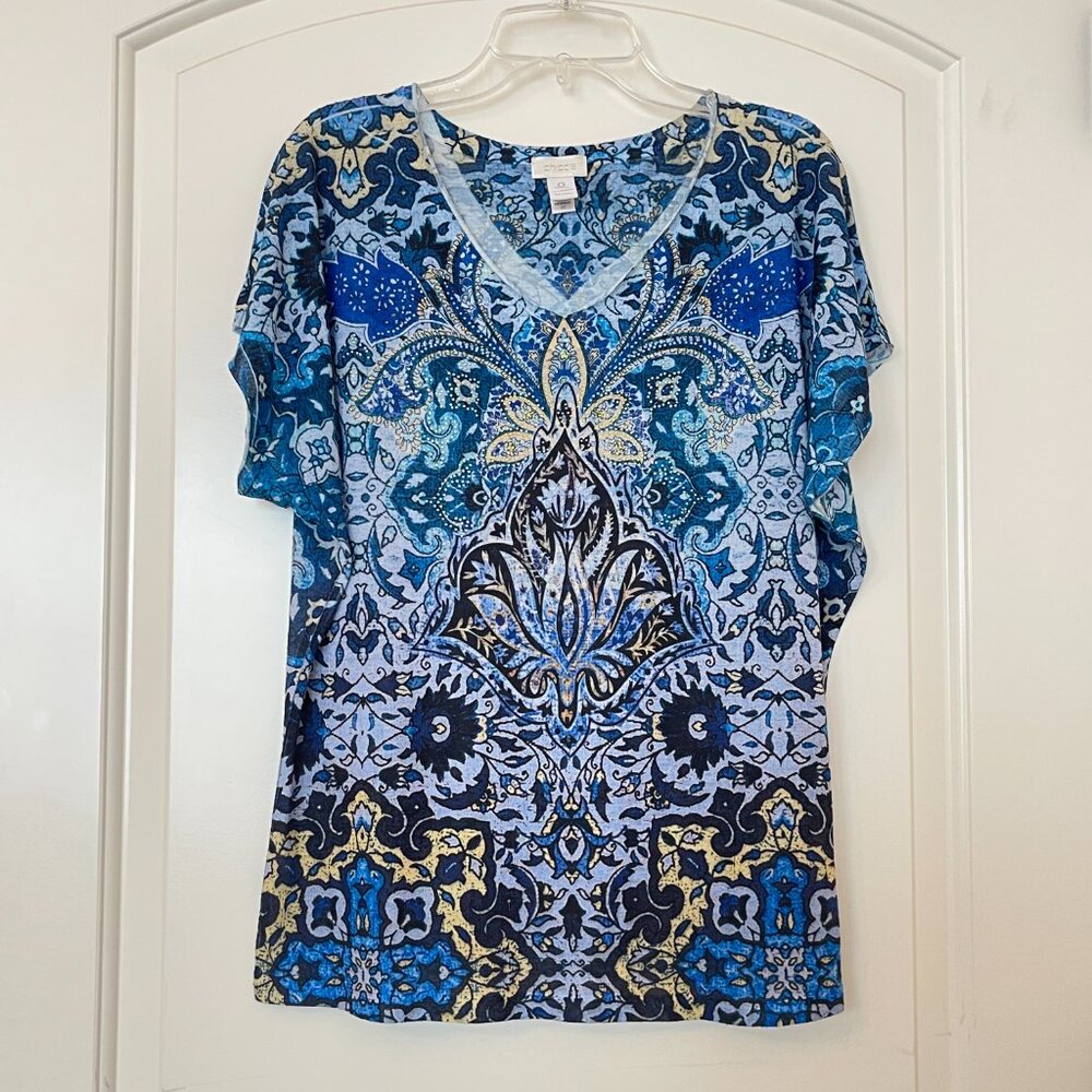Chico's Knit Top Shirt Blouse Crystals Studs V Neck Blue Yellow Multi 0 Small